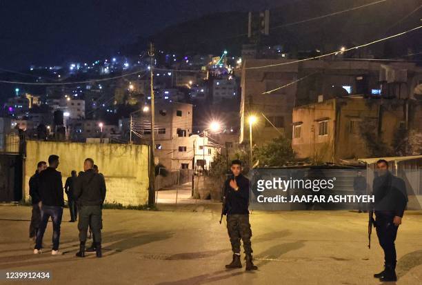 Members of the Palestinian Authority's security force deploy near the Jewish pilgrimage site of the Tomb of Joseph on the outskirts of Nablus in the...