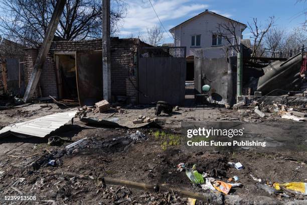 The consequences of hostilities are pictured on a street after the liberation of the city from Russian invaders, Bucha, Kyiv Region, northern Ukraine.