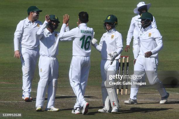 Keshav Maharaj of South Africa celebrates the wicket of Khaled Ahmed of Bangladesh with his team mates during day 4 of the 2nd ICC WTC2 Betway Test...