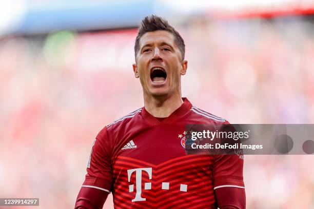 Robert Lewandowski of Bayern Muenchen celebrates after scoring during the Bundesliga match between FC Bayern München and FC Augsburg at Allianz Arena...