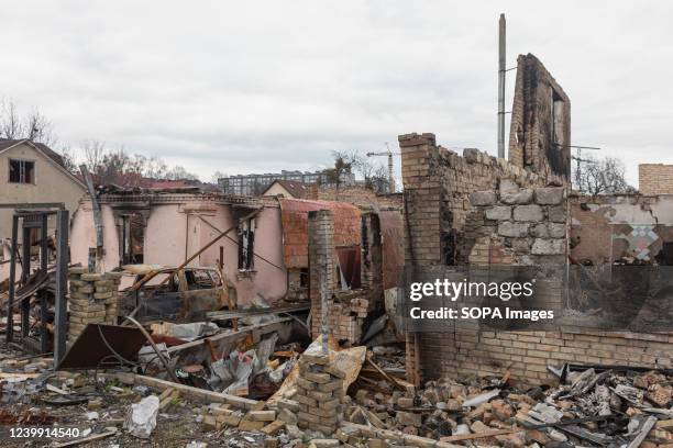 Chaos and devastation on the streets of Bucha as a result of the attack of Russian invaders. Bucha City in Ukraine was devastated under intense...