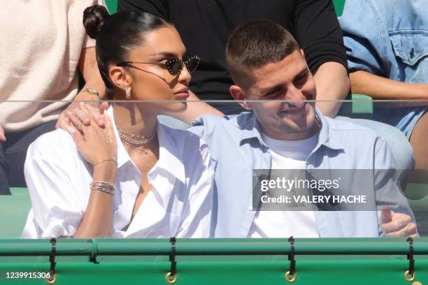 Paris Saint-Germain's Italian football player Marco Verratti sits next to his wife Jessica Aidi Verratti,during the Monte-Carlo ATP Masters Series...