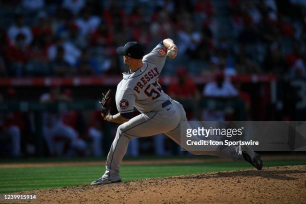 Houston Astros relief pitcher Ryan Pressly against the Los Angeles Angels on April 10, 2022 at Angels Stadium in Anaheim California