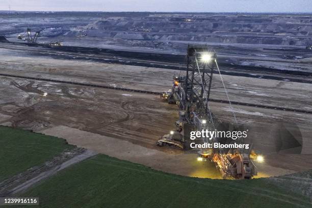 Bucket-wheel excavator at the Garzweiler open-cast lignite mine, operated by RWE AG, near farmland in Grevenbroich, Germany, on Friday, April 8,...