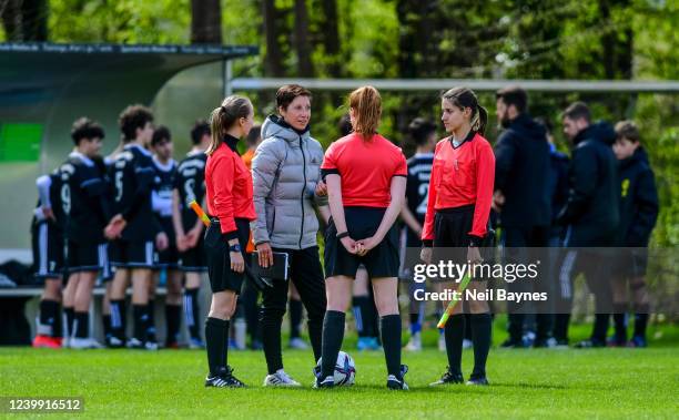 The referees during a half-time chat at the U16 Junior Girls DFB Federal Cup Tournament game between Baden and Stp.Niederrhein at Sports School Wedau...