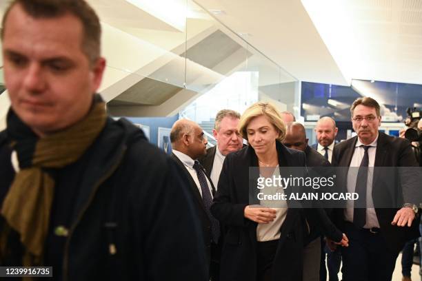 French conservative party Les Republicains presidential candidate Valerie Pecresse leaves after LR's political board in Paris, on April 11, 2022. -...
