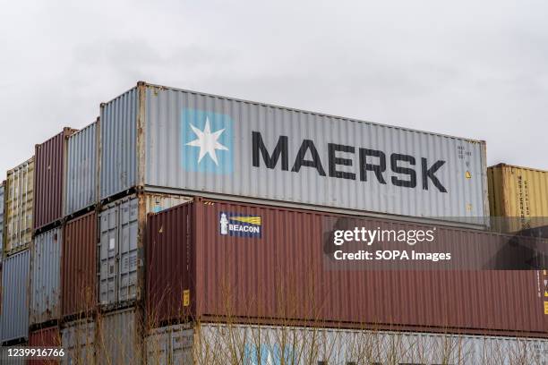 Stacks of Maersk shipping containers at the Port of Felixstowe, Suffolk, which is the largest and busiest container port in the UK.