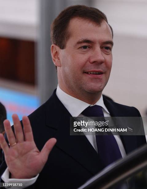 Russian President Dmitry Medvedev moves on an elevator as he arrives to attend the second Association of Southeast Asian Nations -Russia summit at...