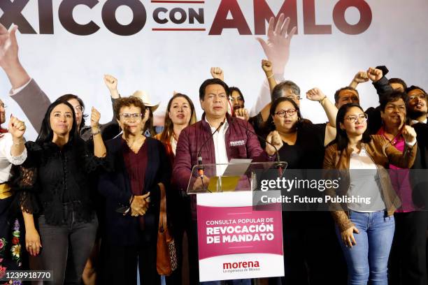 The president of the Movimiento Regeneracion Nacional Party , Mario Delgado Carrillo accompanied by Karla Yuritzi, Almazan and Bertha Lujan speaks...