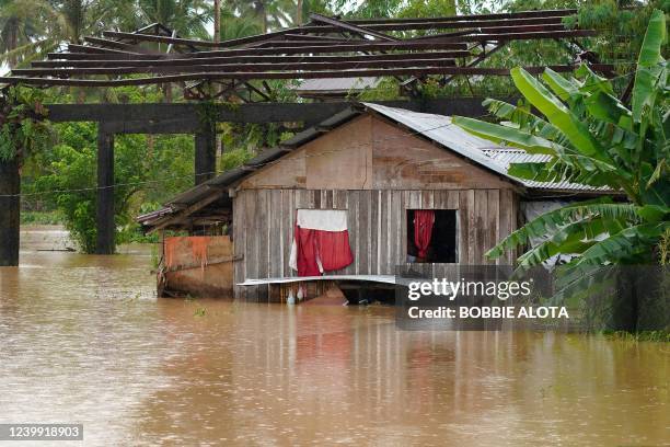Residents look outside the window of their submerged house after heavy rains brought about by Tropical storm Agaton in Abuyog town, Leyte province,...