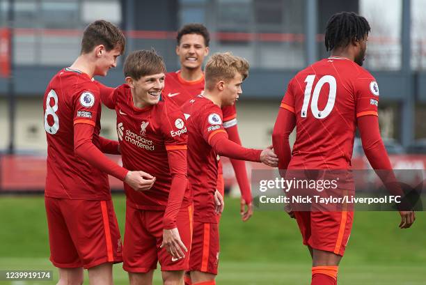 Tyler Morton of Liverpool celebrates scoring Liverpool's third goal with Leighton Clarkson during the Lancashire Senior Cup Semi Final at AXA...