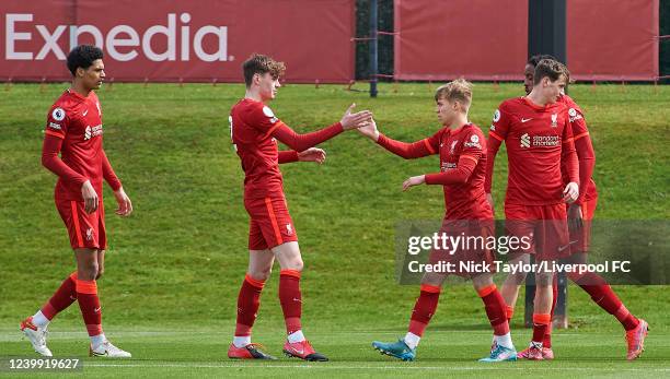 Jack Bearne of Liverpool celebrates scoring Liverpool's first goal with Conor Bradley during the Lancashire Senior Cup Semi Final at AXA Training...