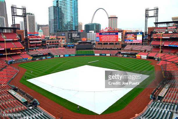 General view of Busch Stadium after the game between the St. Louis Cardinals and the Pittsburgh Pirates was postponed due to rain at Busch Stadium on...