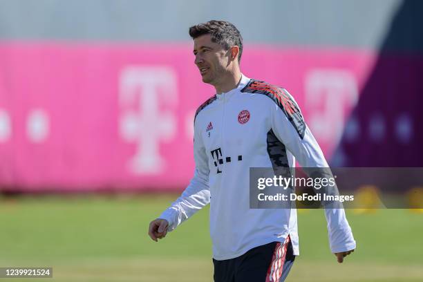 Robert Lewandowski of Bayern Muenchen looks on during a training session at Saebener Strasse training ground on April 11, 2022 in Munich, Germany. FC...