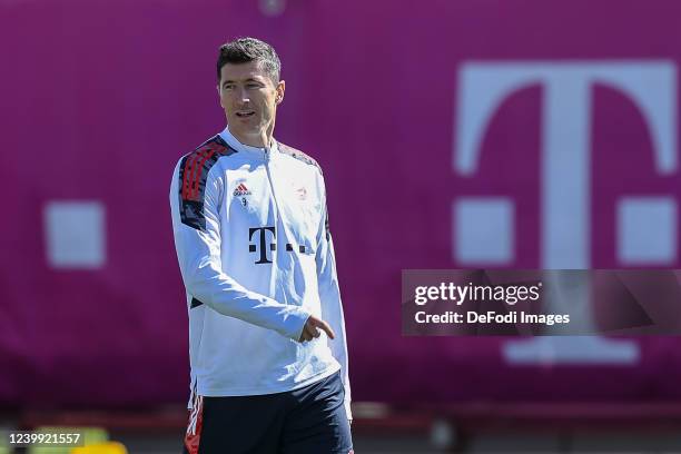 Robert Lewandowski of Bayern Muenchen looks on during a training session at Saebener Strasse training ground on April 11, 2022 in Munich, Germany. FC...