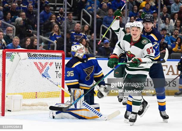 Minnesota Wild left wing Kirill Kaprizov celebrates after scoring in the second period during a NHL game between the Minnesota Wild and the St. Louis...