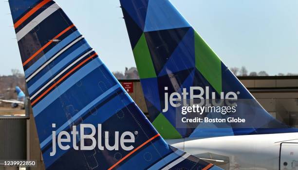 JetBlue tails at Logan Airport in Boston, MA on April 5 2022.