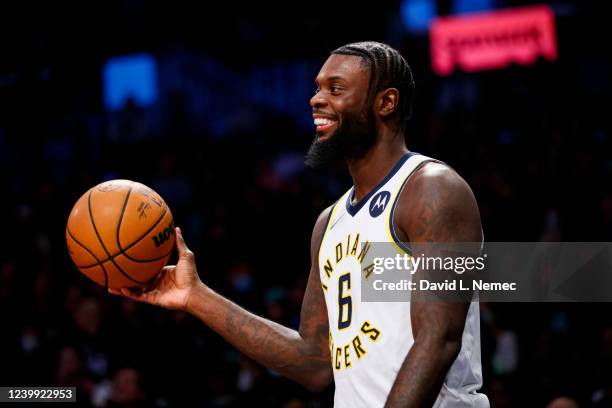 Lance Stephenson of the Indiana Pacers smiles during a game against the Brooklyn Nets on April 10, 2022 at Barclays Center in Brooklyn, New York....