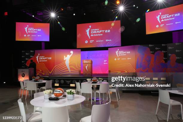 An overall view of the stage before the 2022 WNBA Draft on April 11, 2022 at Spring Studios in New York, New York. NOTE TO USER: User expressly...