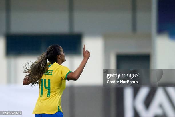 Gabriela Silva of Brazil celebrates after scoring her sides first goal during the friendly match between Brazil Women's and Hungary Women's at...