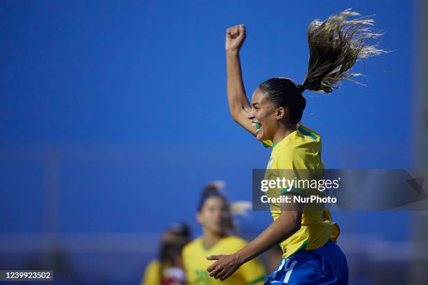 Gabriela Silva of Brazil celebrates after scoring her sides first goal during the friendly match between Brazil Women's and Hungary Women's at...