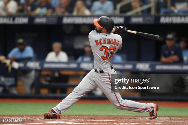 Anthony Bemboom of the Orioles at bat during the MLB regular season game between the Baltimore Orioles and the Tampa Bay Rays on April 10 at...