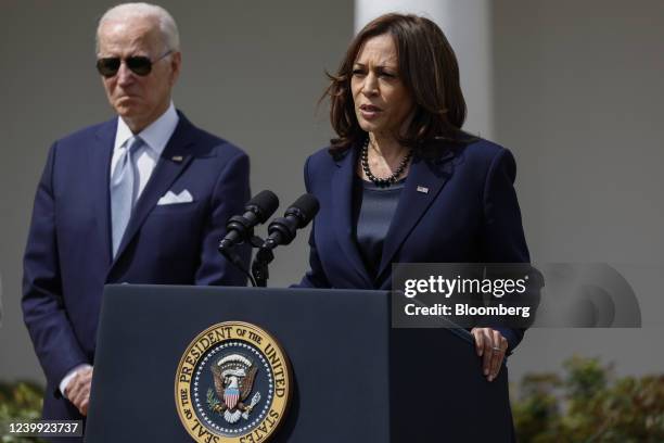 Vice President Kamala Harris speaks in the Rose Garden of the White House in Washington, D.C., U.S., on Monday, April 11, 2022. President Biden...