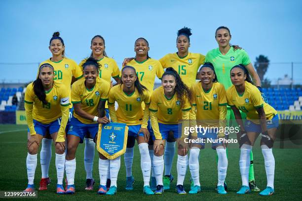 Brazil line up priro the friendly match between Brazil Women's and Hungary Women's at Pinatar Arena on April 11, 2022 in Murcia, Spain.