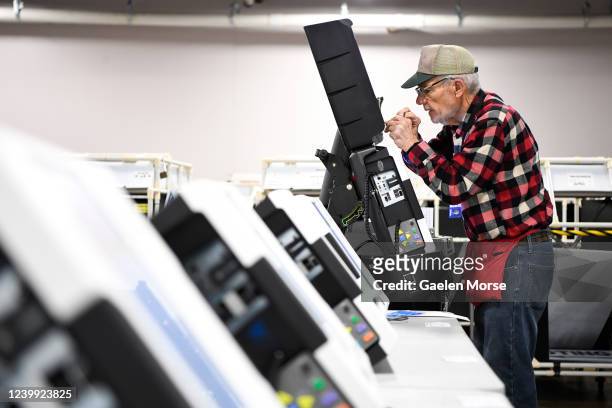 Voting machines are prepared for election day at the Franklin County Board of Elections on April 11, 2022 in Columbus, Ohio. Ohio voters will decide...