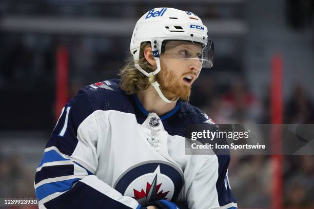 Winnipeg Jets Left Wing Kyle Connor after a whistle during first period National Hockey League action between the Winnipeg Jets and Ottawa Senators...