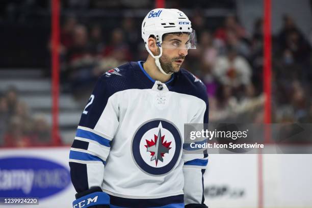 Winnipeg Jets Defenceman Dylan DeMelo after a whistle during first period National Hockey League action between the Winnipeg Jets and Ottawa Senators...