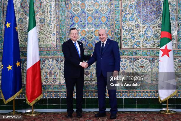 Algerian President Abdelmadjid Tebboune meets Italian Prime Minister Mario Draghi at the palace of El Mouradia in Algiers, Algeria on 11 April, 2022.