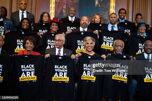 Front row from left, Reps. Maxine Waters, D-Calif., Bobby Scott, D-Va., Joyce Beatty, D-Ohio, Danny Davis, D-Ill., and Gregory Meeks, D-N.Y., are...