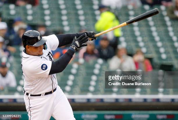 April 11: Miguel Cabrera of the Detroit Tigers hits a sacrifice fly ball against the Boston Red Sox to drive in Austin Meadows during the first...
