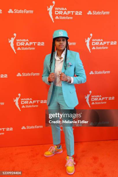 Destanni Henderson poses for a photo on the orange carpet during the 2022 WNBA Draft on April 11, 2022 at Spring Studios in New York, New York. NOTE...