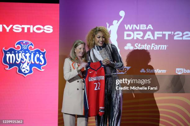 Shakira Austin is selected third overall by the Washington Mystics during the 2022 WNBA Draft on April 11, 2022 at Spring Studios in New York, New...