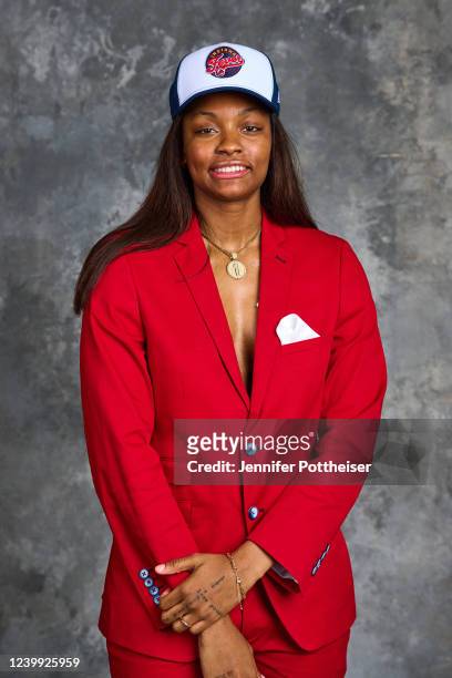 NaLyssa Smith poses for a portrait after being drafted second overall by the Indiana Fever during the 2022 WNBA Draft on April 11, 2022 at Spring...