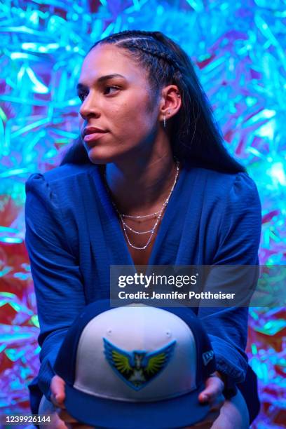 Veronica Burton poses for a portrait after being drafted seventh overall by the Dallas Wings during the 2022 WNBA Draft on April 11, 2022 at Spring...