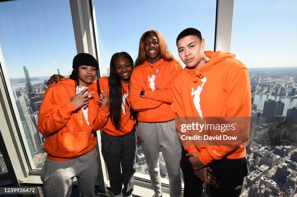 Draftees Destanni Henderson, Nia Clouden, Rhyne Howard, and Kierstan Bell pose for a photo prior to the WNBA Draft on April 11, 2022 at the Empire...