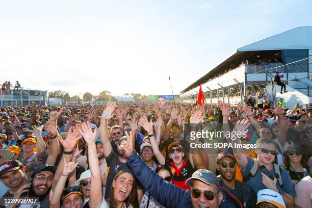 The crowd on the main straight after the 2022 Australian Grand Prix at the Albert Park Grand Prix circuit.