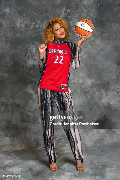 Shakira Austin poses for a portrait after being drafted third overall by the Washington Mystics during the 2022 WNBA Draft on April 11, 2022 at...