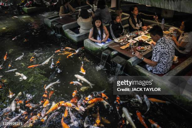 Diners look at carp swimming in a fish-themed restaurant in Chiang Mai on April 12, 2022.