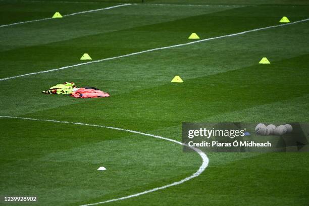 Dublin , Ireland - 10 April 2022; Equipment on the pitch for the Kerry warm-up before the Lidl Ladies Football National League Division 2 Final...