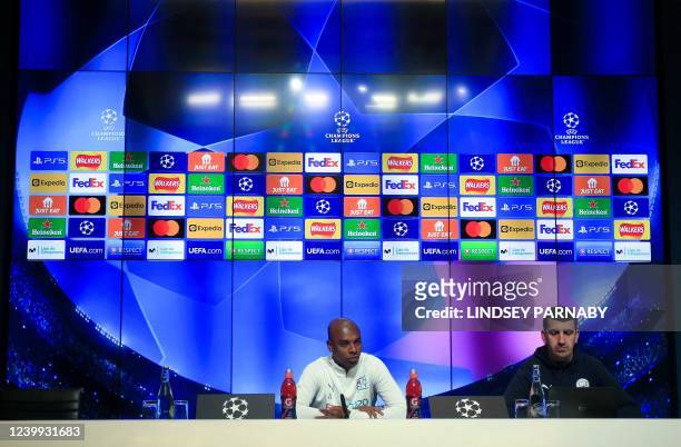 Manchester City's Brazilian midfielder Fernandinho attends a press conference at the Manchester City training ground in Manchester, north west...