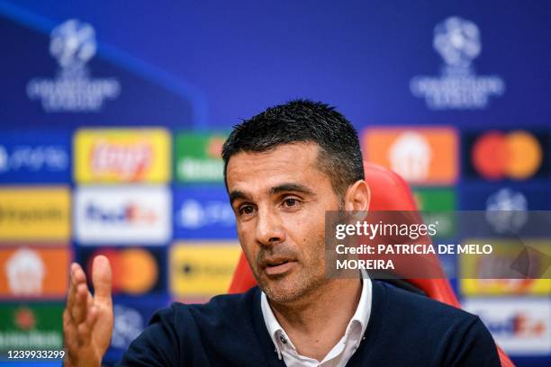 Benfica's Portuguese coach Nelson Verissimo holds a press conference at Benfica Campus training ground in Seixal, outskirts of Lisbon on April 12,...