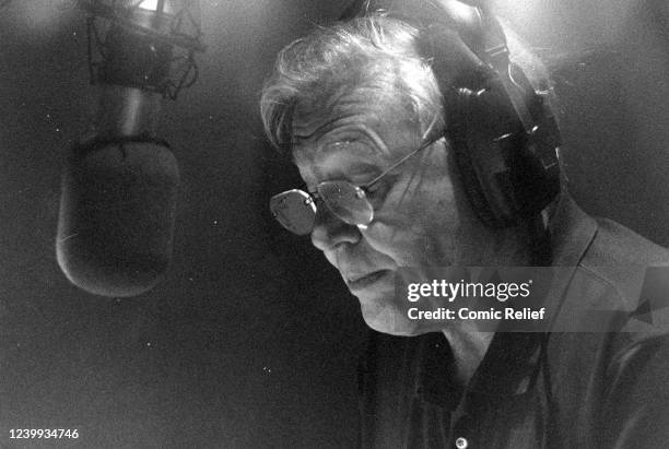 Sir David Attenborough in the studio recording voice overs for the 'Robbie the Reindeer 2' film in October 2001 as part of Red Nose 2001 campaign.