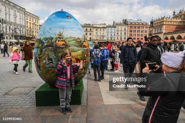 Huge Croatian Easter egg, called 'Pisanica od srca' , a hand painted gift from Croatia, is seen at the traditional Easter Market at the Main Square...