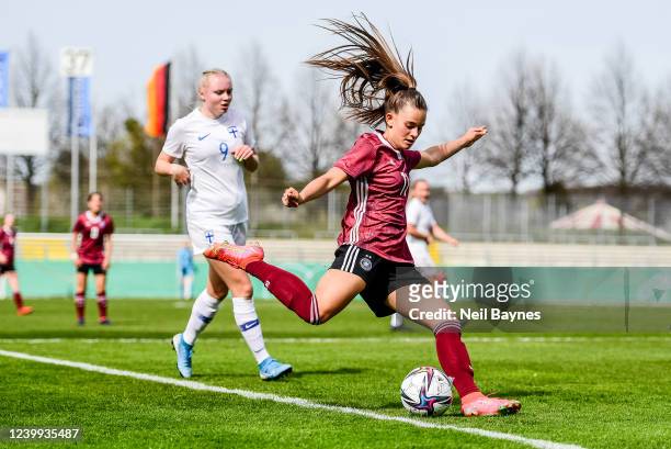 Carlotta Warmser of Germany and Ella Koiva of Finland during a UEFA Women's Under-19 Championship Qualifier game between Finland U19 Women and...