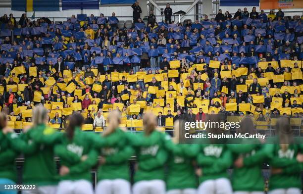 Gothenburg , Sweden - 12 April 2022; Sweden supporters hold up the flag of Ukraine before the FIFA Women's World Cup 2023 qualifying match between...