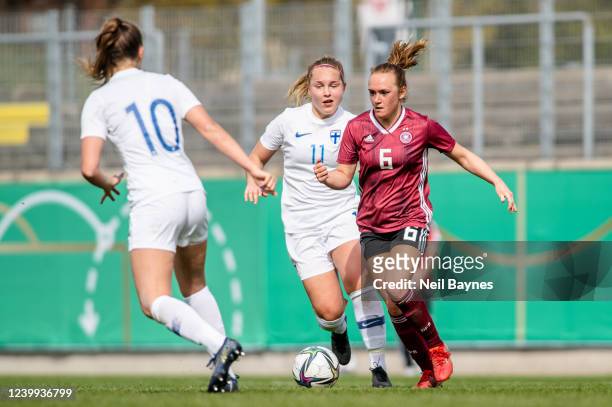 Lisanna Graewe of Germany and Oona Sevenius of Finland during a UEFA Women's Under-19 Championship Qualifier gamed between Finland U19 Women and...